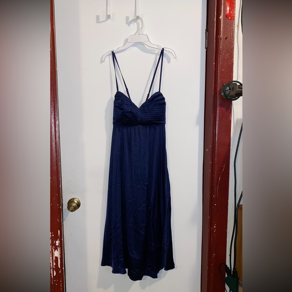 Windsor formal satin pleated navy blue midi dress